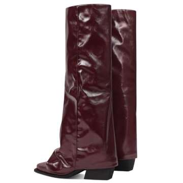 zhsrin Burgundy Red Fold Over Knee High Boots for Women with Zipper Pointed Toe Chunky Heel Shark Boots Baggy Shoes