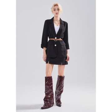 zhsrin Burgundy Red Fold Over Knee High Boots for Women with Zipper Pointed Toe Chunky Heel Shark Boots Baggy Shoes