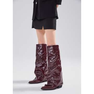 zhsrin Burgundy Red Fold Over Knee High Boots for Women with Zipper Pointed Toe Chunky Heel Shark Boots Baggy Shoes