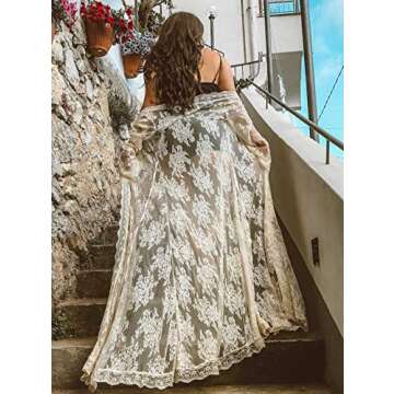 BUTTZO Women Sexy Long Lace Dress Sheer Gown See Through Lingerie Kimono Robe (White, One Size)