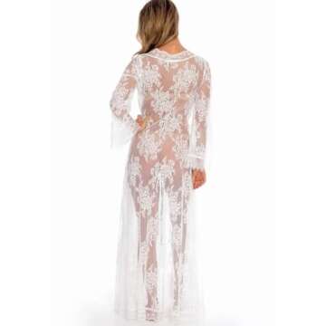 BUTTZO Women Sexy Long Lace Dress Sheer Gown See Through Lingerie Kimono Robe (White, One Size)