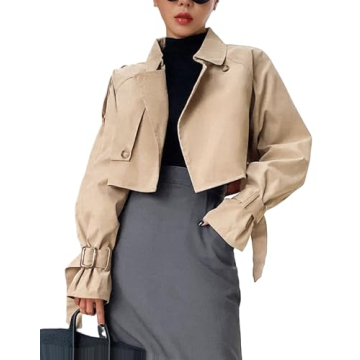 Kedera Women's Cropped Trench Coat Long Sleeve Casual Jacket Stylish Double-Breasted Overcoat Fashio...