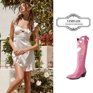 VIMISAOI Knee High Boots with Pull-Up Tabs for Women Fashion Pull On Pointed Toe Mid Chunky Heel Rid...