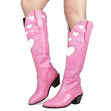 VIMISAOI Knee High Boots with Pull-Up Tabs for Women Fashion Pull On Pointed Toe Mid Chunky Heel Riding Embroidered Western Heart Cowgirl Cowboy Boots