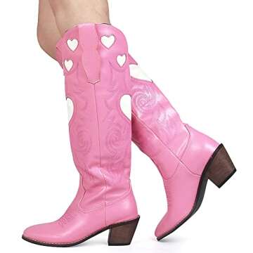 VIMISAOI Knee High Boots with Pull-Up Tabs for Women Fashion Pull On Pointed Toe Mid Chunky Heel Riding Embroidered Western Heart Cowgirl Cowboy Boots