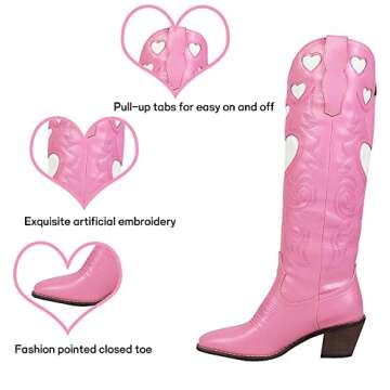 VIMISAOI Knee High Boots with Pull-Up Tabs for Women Fashion Pull On Pointed Toe Mid Chunky Heel Riding Embroidered Western Heart Cowgirl Cowboy Boots