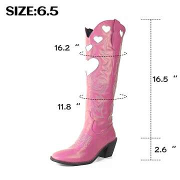 VIMISAOI Knee High Boots with Pull-Up Tabs for Women Fashion Pull On Pointed Toe Mid Chunky Heel Riding Embroidered Western Heart Cowgirl Cowboy Boots