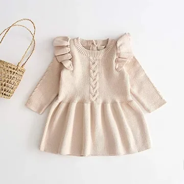 Chic Toddler Girl Knit Sweater Dress - Ruffle Long Sleeve