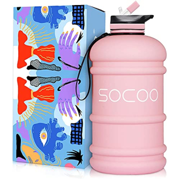 SOXCOXO Half Gallon 64oz Water Bottle with Straw Lid Strap and Holder Bpa Free Leakproof Great for Kids Women Man Large Water Jug for School Sports Gym Running Fitness Outdoor(Pink)