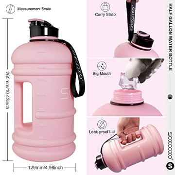 SOXCOXO Half Gallon 64oz Water Bottle with Straw Lid Strap and Holder Bpa Free Leakproof Great for Kids Women Man Large Water Jug for School Sports Gym Running Fitness Outdoor(Pink)