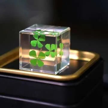 Bon Cube Good Luck Charms Real 4 Leaf Clover 4cm Cube Paperweight, St. Saint Patric's Day Decor Irish Shamrock Good Luck Gift
