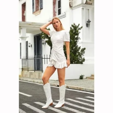 Erocalli White Cowgirl Boots Women Chunky Stacked Heel