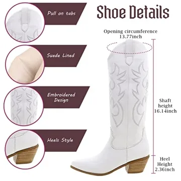 Erocalli White Cowgirl Boots Women Chunky Stacked Heel