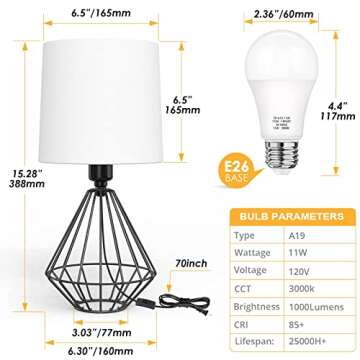 GGOYING Set of 2 Bedside Table Lamp, Modern Desk Lamp with Black Metal Base, Fabric Shade, 3000K LED Bulbs for Nightstand Bedroom Living Room Office Working Reading