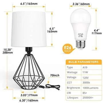 GGOYING Set of 2 Bedside Table Lamp, Modern Desk Lamp with Black Metal Base, Fabric Shade, 3000K LED Bulbs for Nightstand Bedroom Living Room Office Working Reading