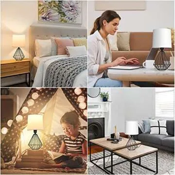 GGOYING Set of 2 Bedside Table Lamp, Modern Desk Lamp with Black Metal Base, Fabric Shade, 3000K LED Bulbs for Nightstand Bedroom Living Room Office Working Reading