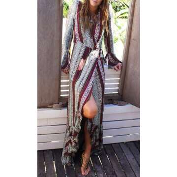 R.Vivimos Womens Summer Long Sleeve Cardigan Sexy Maxi Dresses (Small, Magenta/NavyBlue)