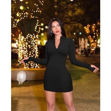 OQQ Women's 2 Piece Dresses Sexy Ribbed Zip Front Long Sleeve Tops Mini Dress Black Pitaya