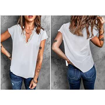 lime flare Women Sexy V Neck Lace Trim Satin T-Shirt Tops Dressy Silk Lacy Tank Blouse Shirt (Cream Eyelash Lace Short Sleeve,Small)