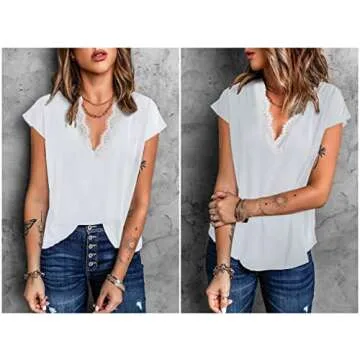 lime flare Women Sexy V Neck Lace Trim Satin T-Shirt Tops Dressy Silk Lacy Tank Blouse Shirt (Cream Eyelash Lace Short Sleeve,Small)