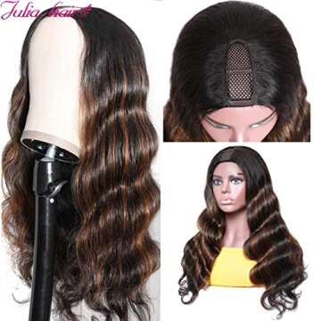 Julia Hair 10A Highlight U Part Wigs Body Wave Human Hair Ombre Wigs for Women, 180% Density Brazilian Remy Human Hair Glueless Full Head U Shape Clip in Half Wig Balayage Color 22inch