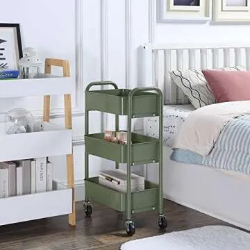 SunnyPoint 3-Tier Delicate Compact Rolling Metal Storage Organizer - Mobile Utility Cart Kitchen/Under Desk Cart with Caster Wheels (Army, Compact (15.5" X 26.8" X 10.27"))