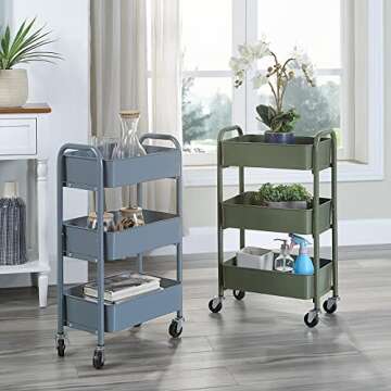 SunnyPoint 3-Tier Delicate Compact Rolling Metal Storage Organizer - Mobile Utility Cart Kitchen/Under Desk Cart with Caster Wheels (Army, Compact (15.5" X 26.8" X 10.27"))