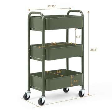 SunnyPoint 3-Tier Delicate Compact Rolling Metal Storage Organizer - Mobile Utility Cart Kitchen/Under Desk Cart with Caster Wheels (Army, Compact (15.5" X 26.8" X 10.27"))