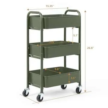SunnyPoint 3-Tier Delicate Compact Rolling Metal Storage Organizer - Mobile Utility Cart Kitchen/Under Desk Cart with Caster Wheels (Army, Compact (15.5" X 26.8" X 10.27"))