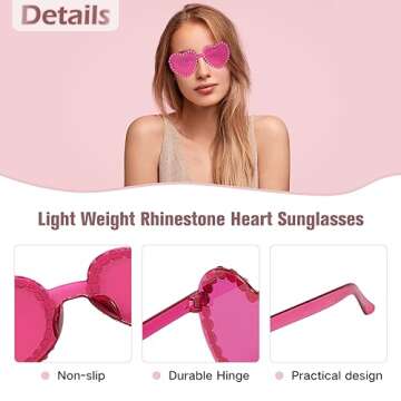 Hot Pink Heart Sunglasses for Women Transparent Rimless Sunglasses Rhinestone Heart Shaped Sunglasses Heart Glasses for Party Favors