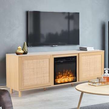 VINGLI Fireplace TV Stand with Electric Fireplace, Rattan Design for TVs Up to 75"