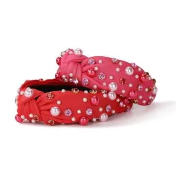 winthrop 2 Pack Valentine's Day Headband for Women Pearl Rhinestone Crystal Jeweled Embellished Ladies Wide Top Knot Pink Red Makeup Hair Hoop Accessory Holiday Party Costume Decor Gifts