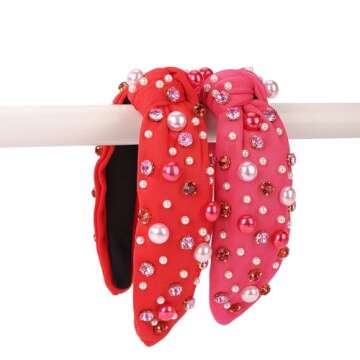 winthrop 2 Pack Valentine's Day Headband for Women Pearl Rhinestone Crystal Jeweled Embellished Ladies Wide Top Knot Pink Red Makeup Hair Hoop Accessory Holiday Party Costume Decor Gifts