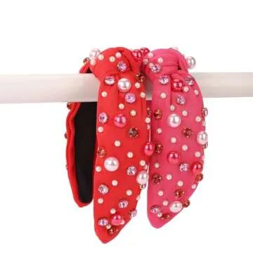 winthrop 2 Pack Valentine's Day Headband for Women Pearl Rhinestone Crystal Jeweled Embellished Ladies Wide Top Knot Pink Red Makeup Hair Hoop Accessory Holiday Party Costume Decor Gifts