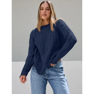Trendy Queen Oversized Sweaters Womens Plus Size 2024 Fall Fashion Outfits Cable Knit Crewneck Pullover Cute Chunky Long Tunic Top Winter Old Money Clothes with Leggings Navy Blue