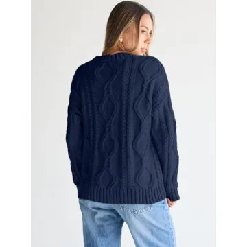 Trendy Queen Oversized Sweaters Womens Plus Size 2024 Fall Fashion Outfits Cable Knit Crewneck Pullover Cute Chunky Long Tunic Top Winter Old Money Clothes with Leggings Navy Blue