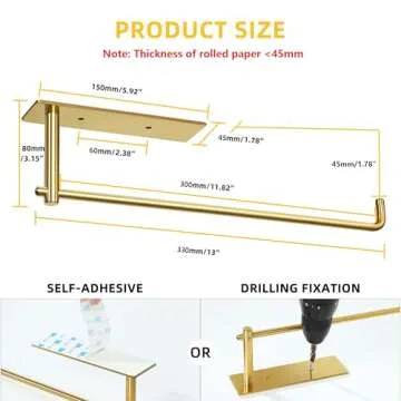 Alise Gold Paper Towel Holder,Paper Towels Rolls for Kitchen,SUS304 Stainless Steel Paper Towel Rack Dispenser Kitchen Accessories,Wall Mount with Self-Adhesive or Screw,GWLD330-G