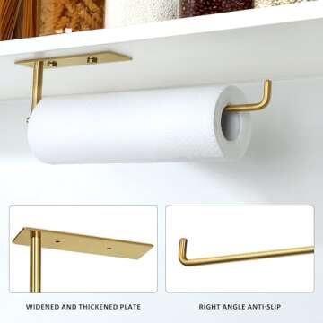 Alise Gold Paper Towel Holder,Paper Towels Rolls for Kitchen,SUS304 Stainless Steel Paper Towel Rack Dispenser Kitchen Accessories,Wall Mount with Self-Adhesive or Screw,GWLD330-G