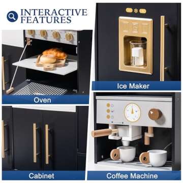 ROBOTIME Wooden Play Kitchen for Toddlers and Kids, Toy Kitchen Set with Ice Maker and Coffee Machine, Realistic Toddler Kitchen Set, Gift for Girls Boys Ages 3+