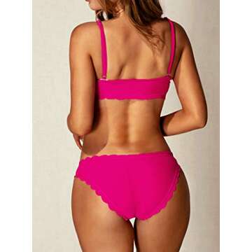 Remidoo Women Two Pieces Classic Scallop Bathing Suits Sexy V Neck Bikini Set Swimsuits B-Hot Pink Small