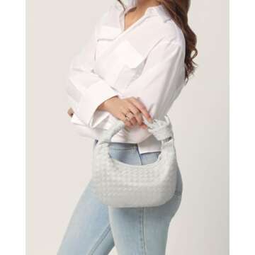 Woven Purse - Woven Bags for Women - Leather Hobo Handbags - Fashion Knotted Small Top Handle Clutch - Soft Vegan Leather (White, Small)