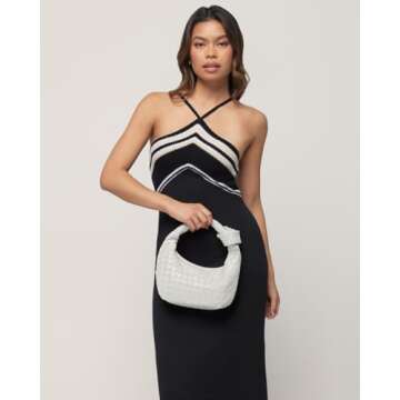 Woven Purse - Woven Bags for Women - Leather Hobo Handbags - Fashion Knotted Small Top Handle Clutch - Soft Vegan Leather (White, Small)