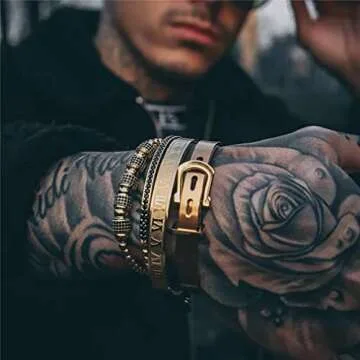 Jarlinwel Gold Silver Plated Bracelets for Men Women Roman Numeral Bangle Bracelet Stainless Steel P...