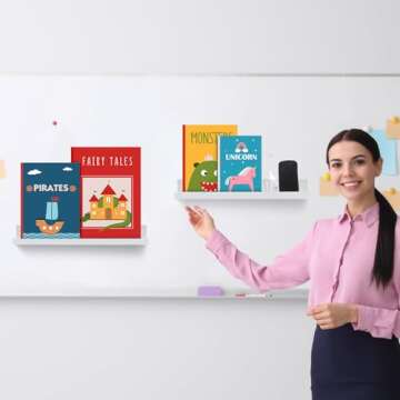 Lincia 2 Pcs Magnetic Book Shelf for Whiteboard Magnetic Shelf Metal Floating Book Shelves Magnetic Book Display Shelf Magnetic Book Shelf for Teacher Office(17 x 2.4 x 2 Inch,White)