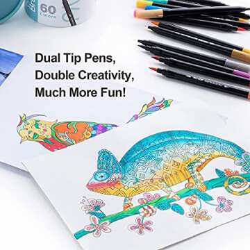 ParKoo Dual Brush Marker Pens for Coloring Books, 60 Colors Artist Fine and Brush Tip Coloring Markers for Journaling Kid Adult Drawing Note Taking Writing Planning Calligraphy