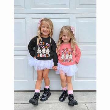 CM C&M WODRO Toddler Baby Girl Halloween Outfit Lets Go Ghouls Spooky Ghost Crewneck Sweatshirt Flared Pants Set Fall Clothes(2-3T,pink)