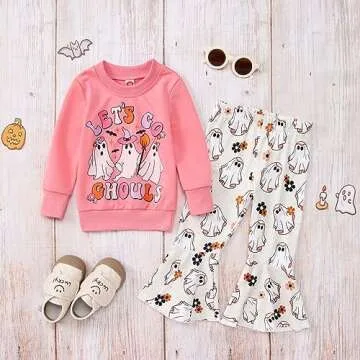 CM C&M WODRO Toddler Baby Girl Halloween Outfit Lets Go Ghouls Spooky Ghost Crewneck Sweatshirt Flared Pants Set Fall Clothes(2-3T,pink)
