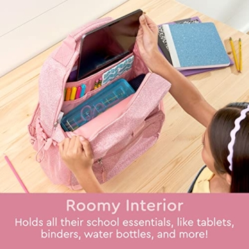 Bentgo Kids Glitter Backpack - Lightweight 14” Backpack for School, Travel & Daycare, Ideal for Ages 4+, Durable & Water-Resistant, Roomy Interior, & Loop for Lunch Bag (Glitter Edition - Petal Pink)