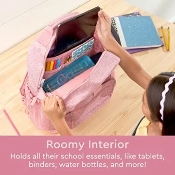 Bentgo Kids Glitter Backpack - Lightweight 14” Backpack for School, Travel & Daycare, Ideal for Ages 4+, Durable & Water-Resistant, Roomy Interior, & Loop for Lunch Bag (Glitter Edition - Petal Pink)