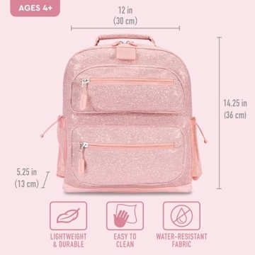 Bentgo Kids Glitter Backpack - Lightweight 14” Backpack for School, Travel & Daycare, Ideal for Ages 4+, Durable & Water-Resistant, Roomy Interior, & Loop for Lunch Bag (Glitter Edition - Petal Pink)